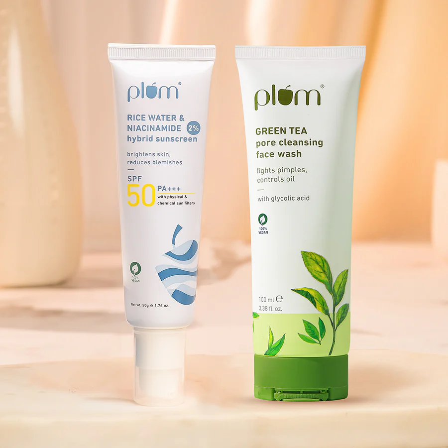 Cleanse & Protect Duo For Oily Skin | Green Tea Pore Cleansing Face Wash 100ml | Rice Water & Niacinamide Sunscreen 50g