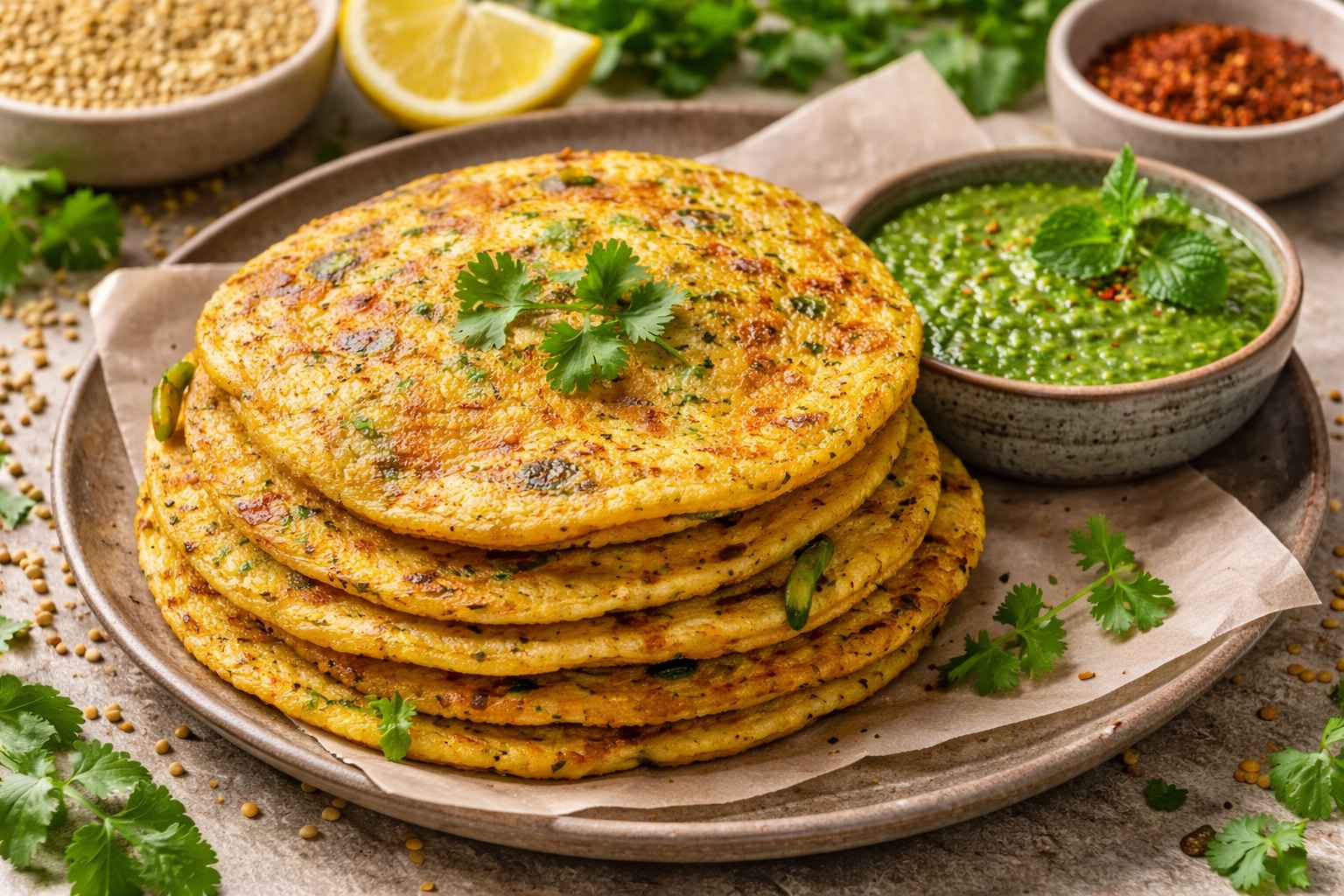 Crispy moong dal chilla with chutney – high-protein vegan breakfast