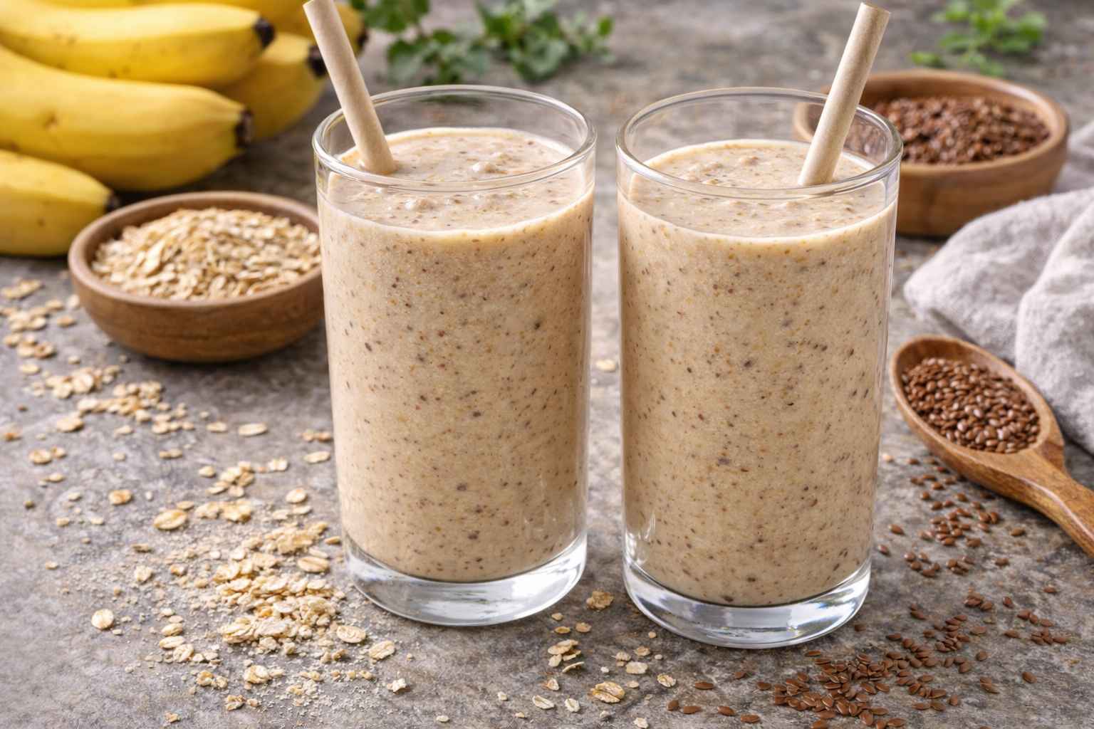 Blend soy milk, banana, oats, and flaxseeds for a smooth, creamy drink. Ideal for a quick on-the-go breakfast.