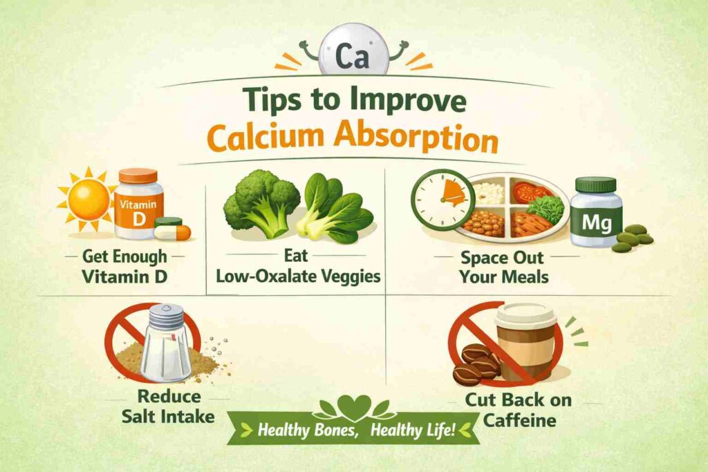 Infographic showing tips to improve calcium absorption: vitamin D, magnesium, low-oxalate vegetables, spaced meals, reduced salt, and caffeine