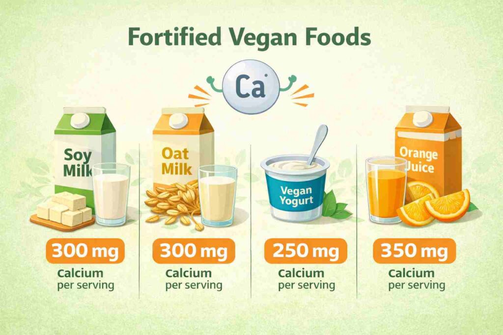 Fortified vegan foods like soy milk, oat milk, vegan yogurt, and orange juice with calcium content per serving