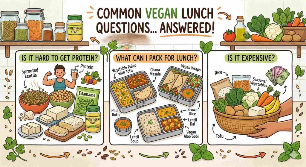 Illustration of vegan cooking elements representing common vegan lunch questions
