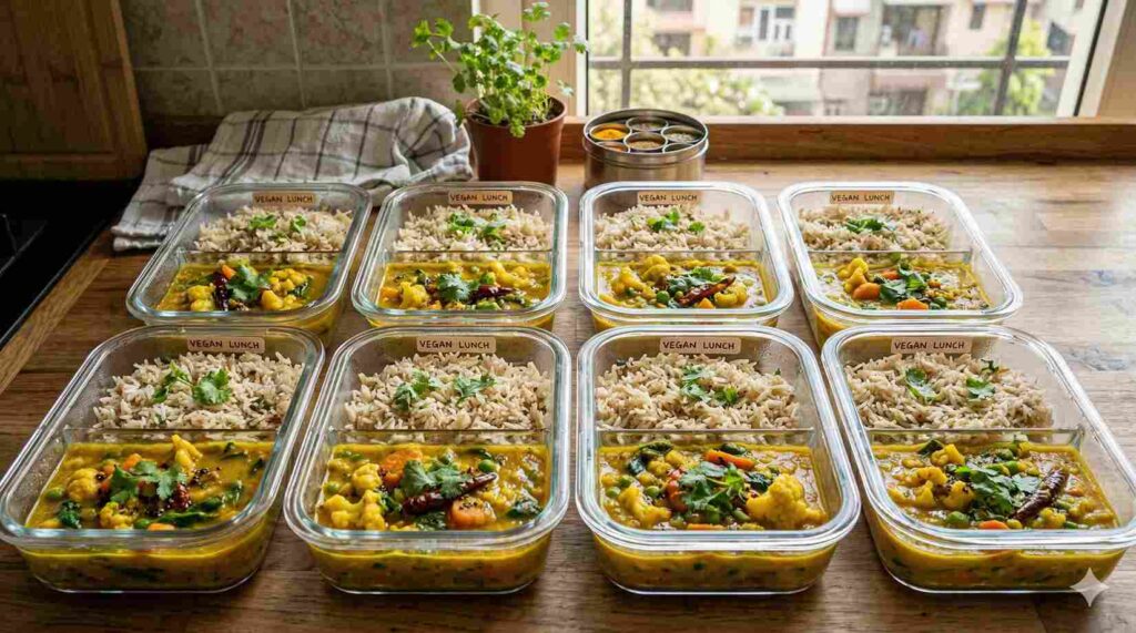 Vegan lunch meal prep containers filled with rice, lentils, and curry