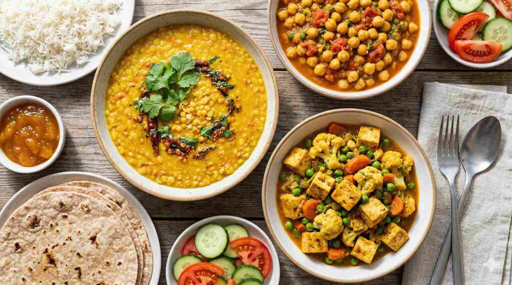 Lentils, chickpeas, tofu, and vegetables used for vegan Indian lunch recipes