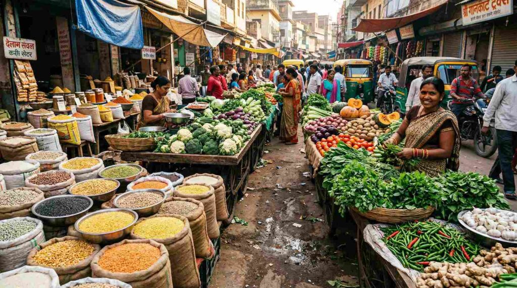 You said Fresh vegetables and lentils in an Indian street market, ideal for vegan cooking