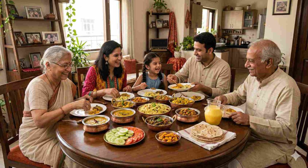 Indian family sharing a vegan lunch together at home
