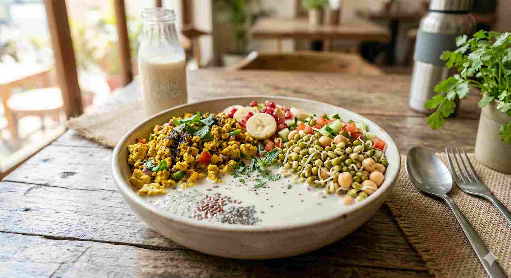 High-protein vegan Indian breakfast spread with tofu bhurji, moong dal chilla, quinoa poha, and smoothie