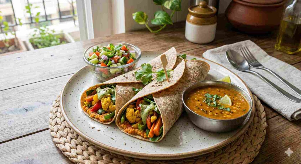 Meal-prepped vegan wraps, salad, and lentil soup are ready for a quick Indian lunch