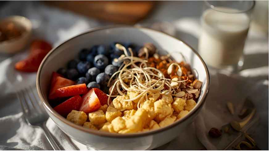 Healthy vegan breakfast bowl with tofu scramble, sprouts, and soy milk