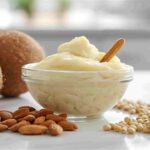 Vegan curd made from coconut, almond, and soy milk in a bright kitchen setting