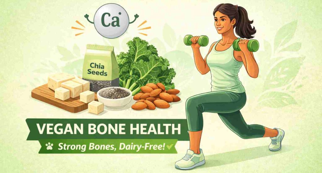 Person exercising with calcium-rich plant-based foods like tofu, kale, chia seeds, and almonds promoting vegan bone health