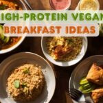 High-protein vegan Indian breakfast spread with tofu bhurji, moong dal chilla, quinoa poha, and smoothie