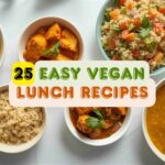 Assorted vegan Indian lunch dishes like chana masala, tofu curry, and quinoa salad on a rustic table
