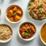 Assorted vegan Indian lunch dishes like chana masala, tofu curry, and quinoa salad on a rustic table