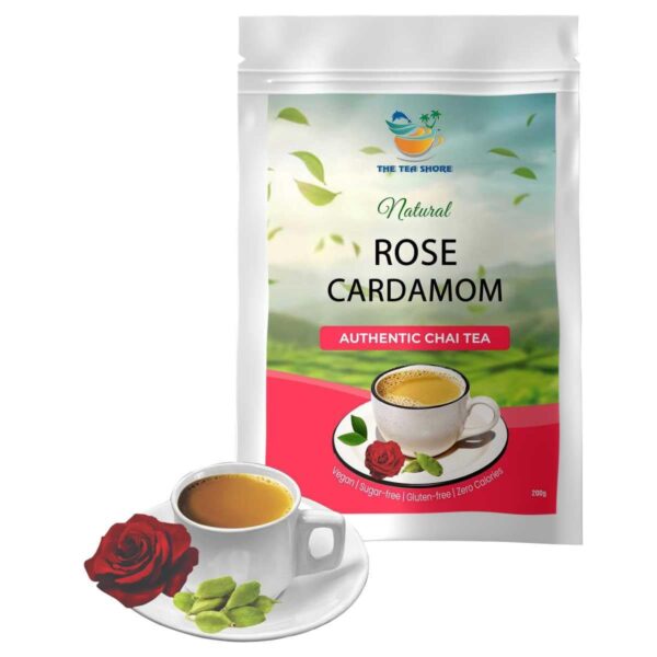 The Tea Shore Rose Cardamom Chai-200gm-30-Cups | Gulab Petals | Floral Spice Blend | Herbal Tea with Cardamom | Stress relief | Better Digestion