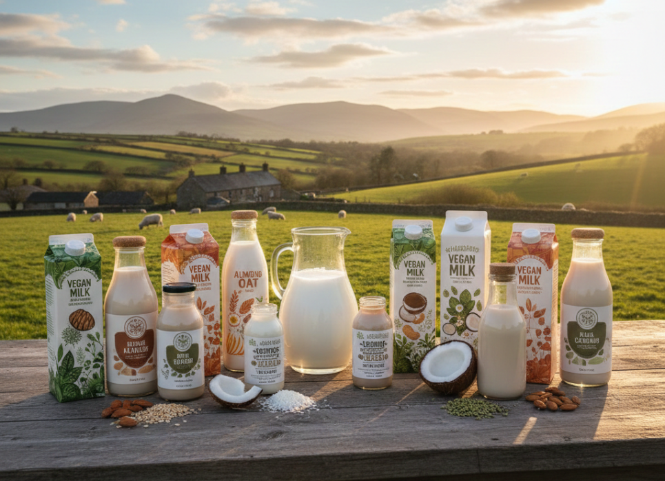 Vegan milk varieties including oat and almond milk on a wooden table with a scenic farm background.