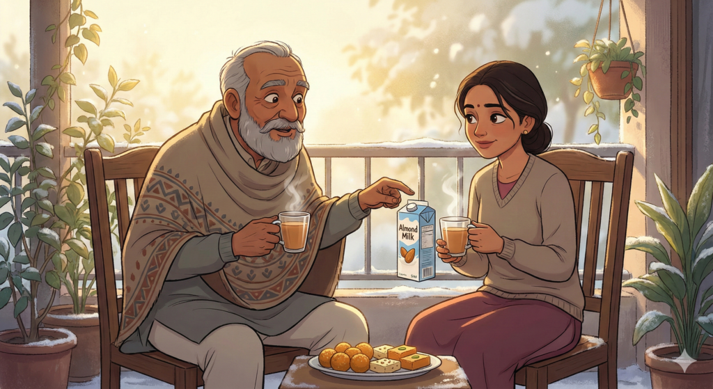 Vegan celebrities in India lifestyle illustration with grandpa