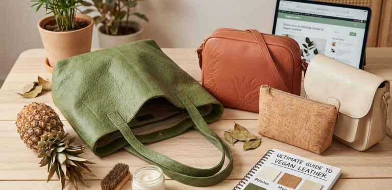 A collection of premium vegan leather bags including a green pineapple leather tote, an orange crossbody, and a cork pouch, displayed with a care kit and material swatches on a wooden table