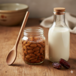 Rustic kitchen scene with soaking almonds, dates, and a bottle of fresh almond milk.