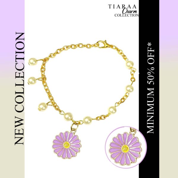 Purple Daisy Pearl Chain Charm Bracelet