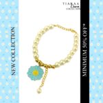 Blue Daisy Pendant Pearl Charm Bracelet