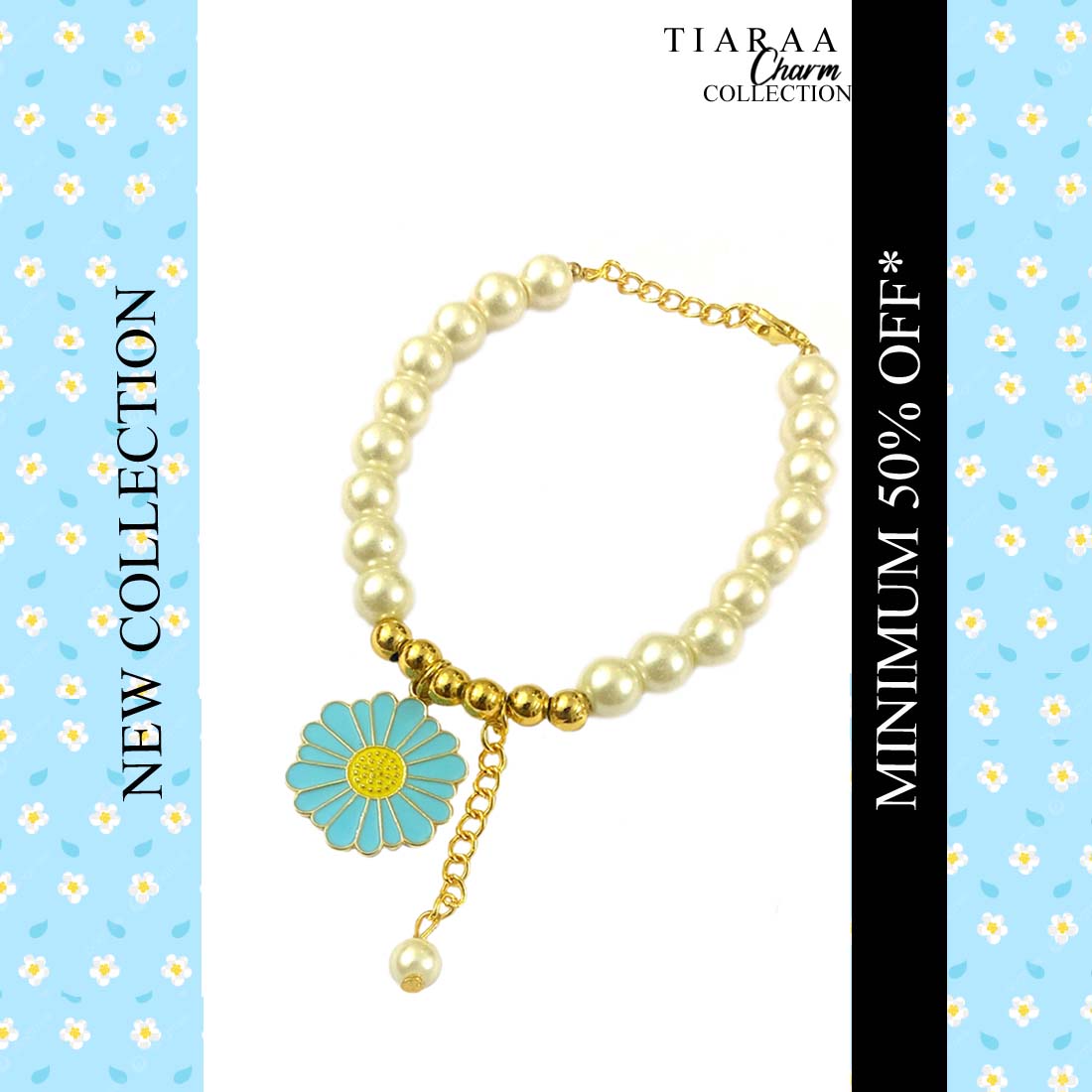 TCB34322copy.jpg Blue Daisy Pendant Pearl Charm Bracelet - Image 1