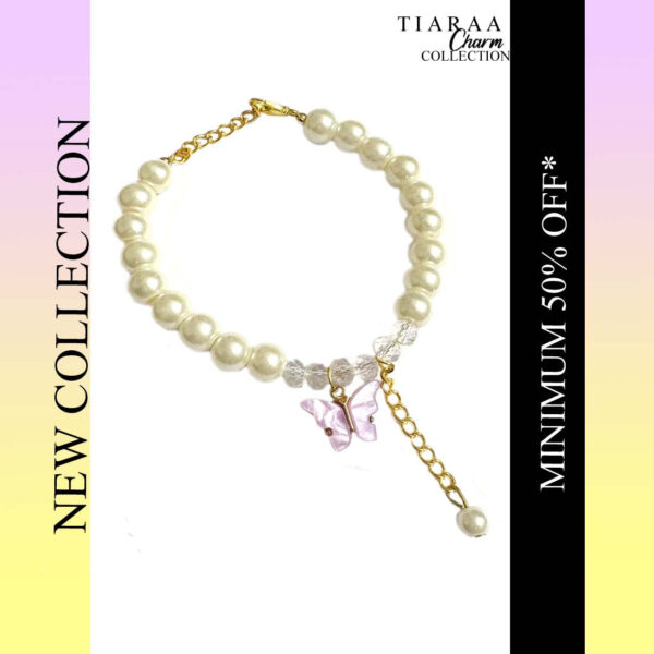 Lavender Butterfly Crystal Pearl Charm Bracelet