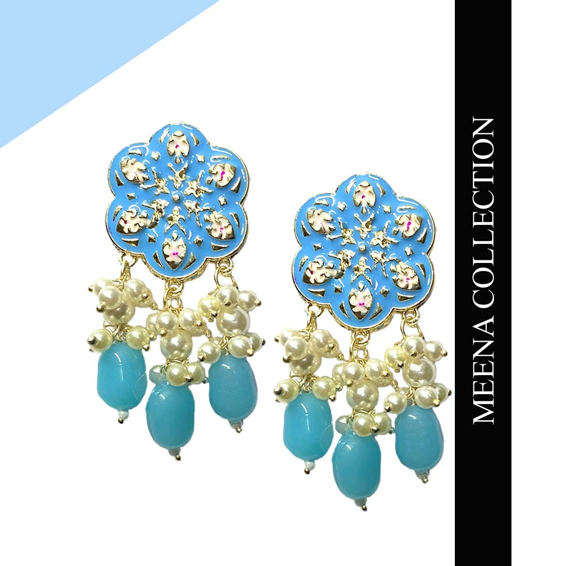 TCE1039-4.jpg Light Blue Meena Floral Kundan Polki Jhumka - Image 1