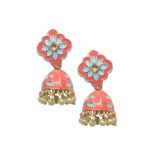 Pink Blue Multicolor Meena Kundan Floral Polki Jhumka - Image 2
