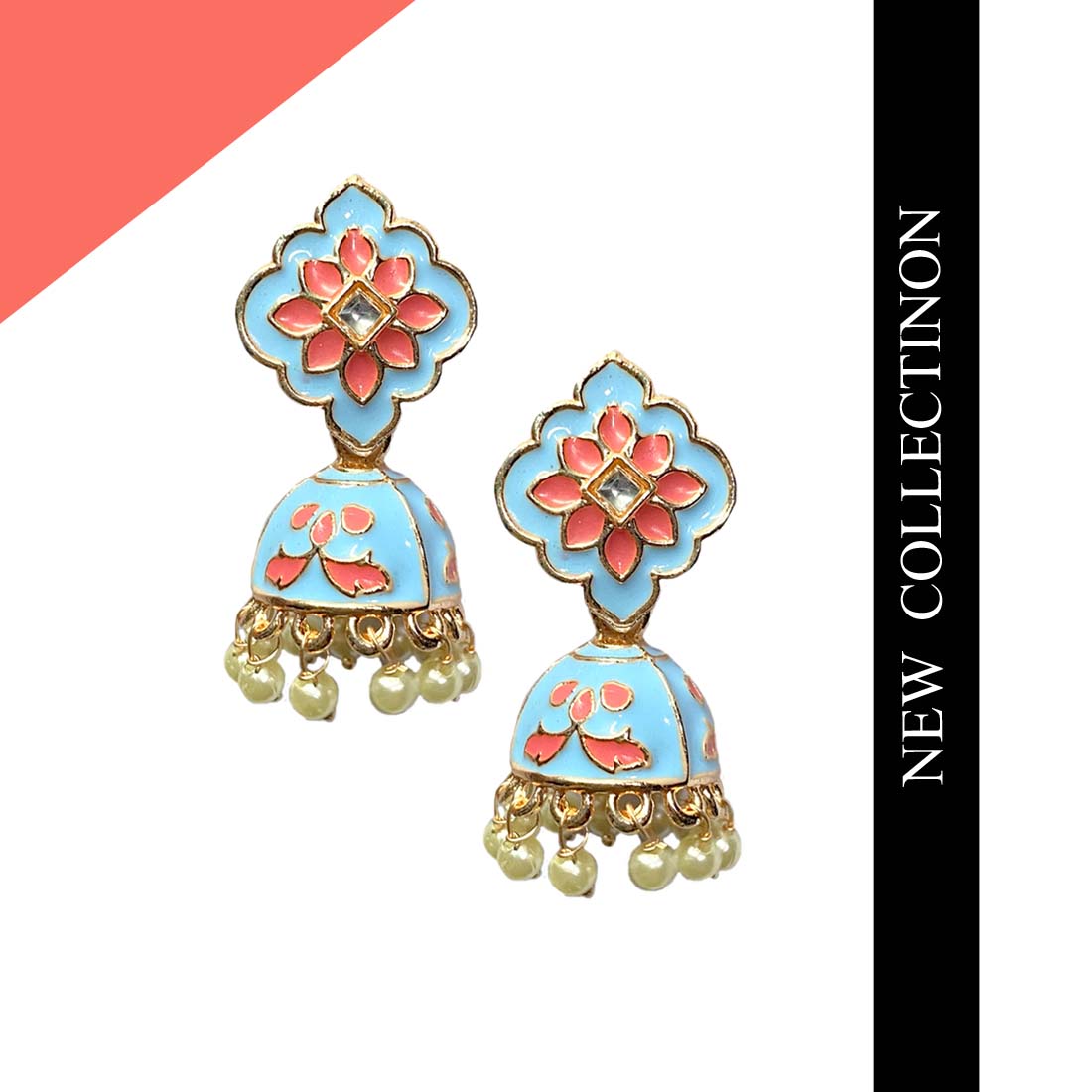 TCE1052-4.jpg Light Blue Meena Floral Polki Jhumka - Image 1