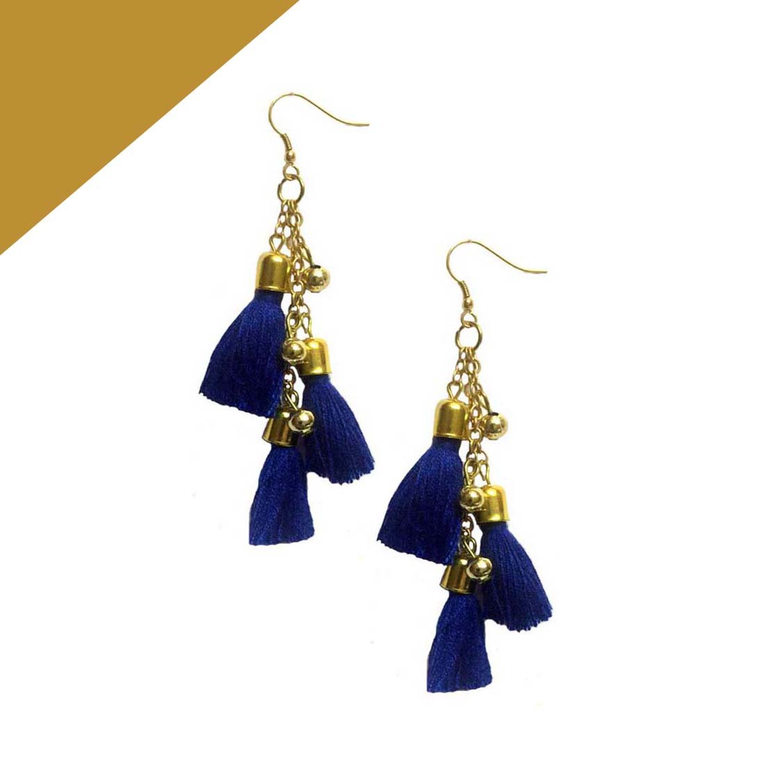 TCE121-5.jpg Blue Alloy Tassel Golden Bead Boho Chic Earrings - Image 1