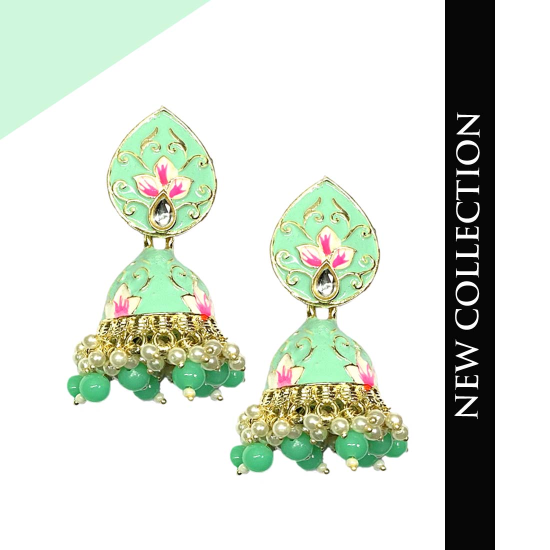 TCE902-4.jpg Light Green Meenakari Golden Floral Pearl Fashion Earrings - Image 1