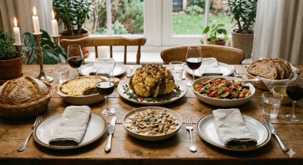 A cozy, rustic wooden dinner table set for four, featuring a centered whole roasted cauliflower with pomegranate seeds, a shepherd’s pie, creamy mushroom stew, colorful quinoa salad, crusty sourdough bread, and glasses of red wine by candlelight.