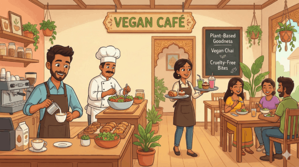 meal prep containers filled with varied vegan meals like oatmeal, quinoa salad, and curry, alongside a green smoothie, raw ingredients, and a VEGGORA: 7-DAY VEGAN MEAL PLAN card on a light wooden table
