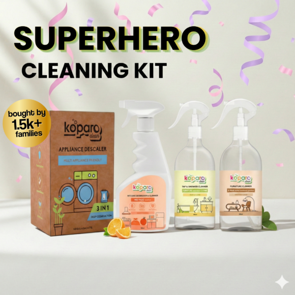 Superhero Cleaning Kit – Degreaser - 400ml, Tap & Shower Cleaner - 300ml, Wood Surface Cleaner - 300ml, Descaler - 4 Sachets