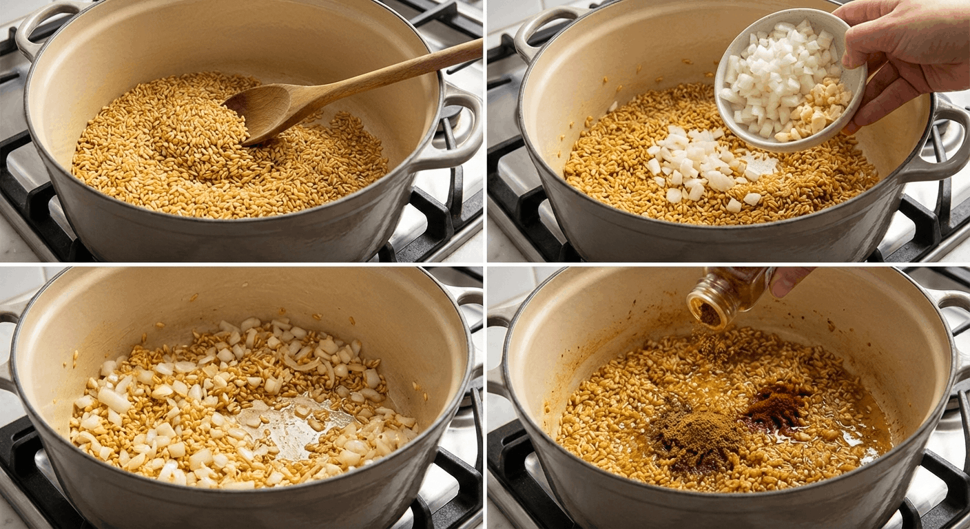 A four-panel collage showing white rice being toasted in a pot, adding diced onions and garlic, sautéing the mixture together, and sprinkling in ground spices.