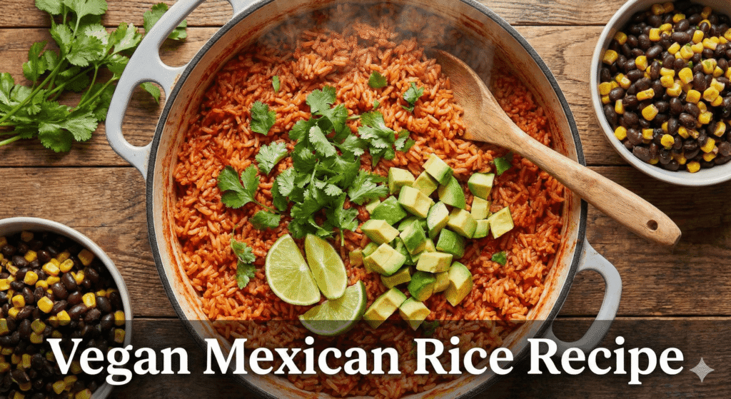 A delicious bowl of our easy Vegan Mexican Rice Recipe, also known as Arroz Rojo, garnished with cilantro.