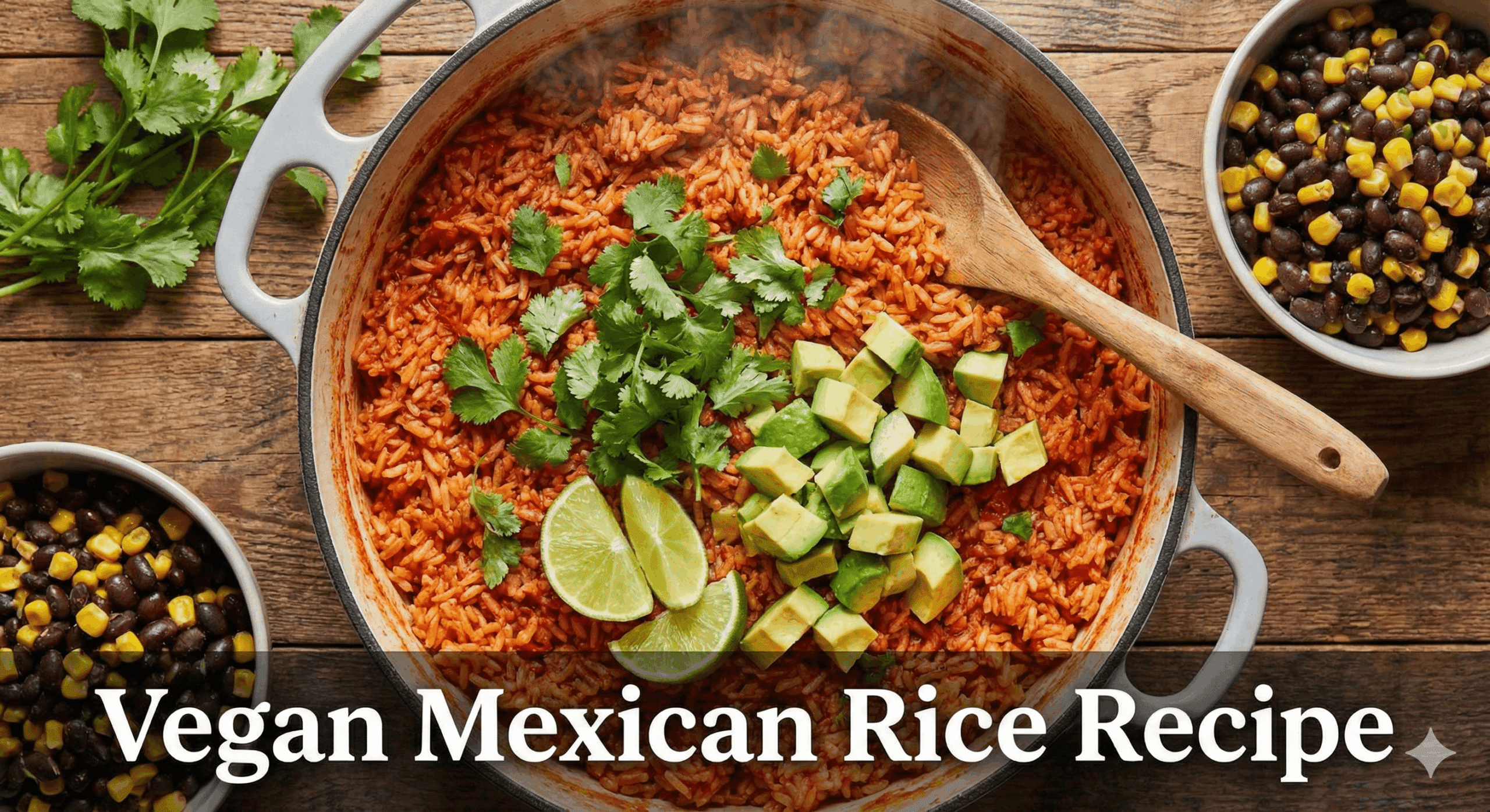 A delicious bowl of our easy Vegan Mexican Rice Recipe, also known as Arroz Rojo, garnished with cilantro.