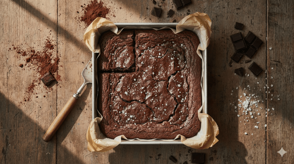 Overhead view of a wide rectangular image showing a square pan of baked vegan brownies with a crackly top and sea salt, on a rustic wooden table with chocolate and cocoa powder