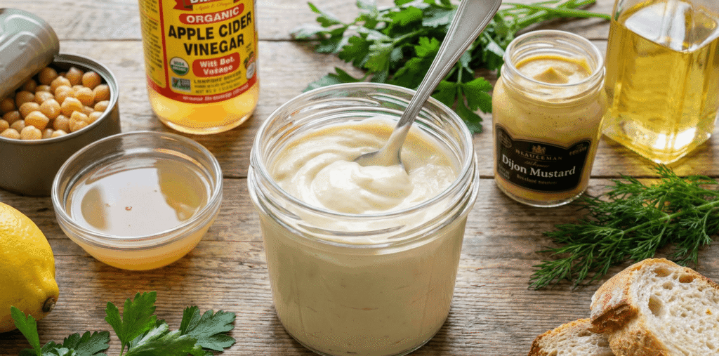 A glass jar filled with creamy vegan mayonnaise made from aquafaba, surrounded by recipe ingredients including chickpeas, apple cider vinegar, Dijon mustard, lemon, and sliced bread on a rustic wooden table.