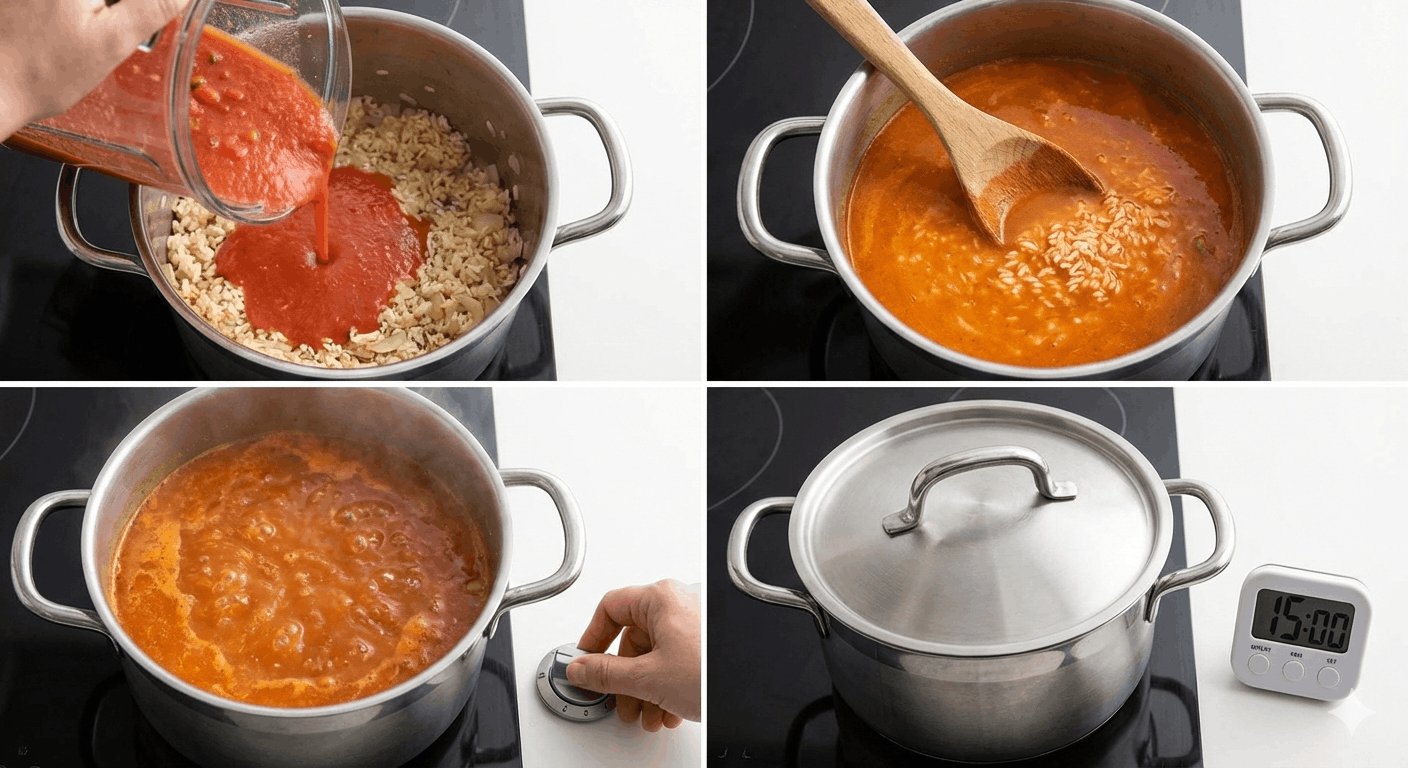 A four-panel collage showing tomato purée being poured into toasted rice, stirring the mixture, bringing it to a boil, and covering the pot with a 15-minute timer.