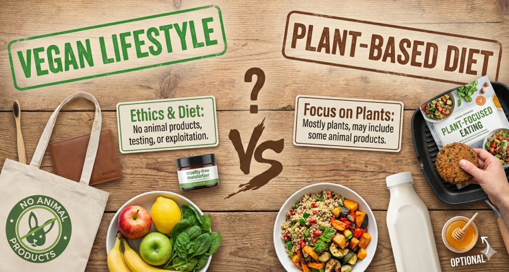 A side-by-side visual comparison on a wooden table: the left side labeled "Vegan Lifestyle" features a "No Animal Products" tote and cruelty-free moisturizer; the right side labeled "Plant-Based Diet" shows healthy grain bowls and plant proteins Vegan Meat vs Plant-Based Meat