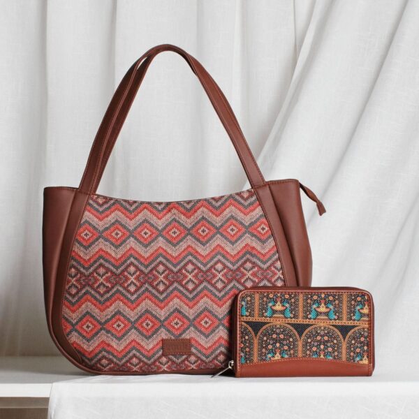 Gwalior Weaves & Royal Indian Peacock Motif - Luna Handbag & Chain Wallet Combo