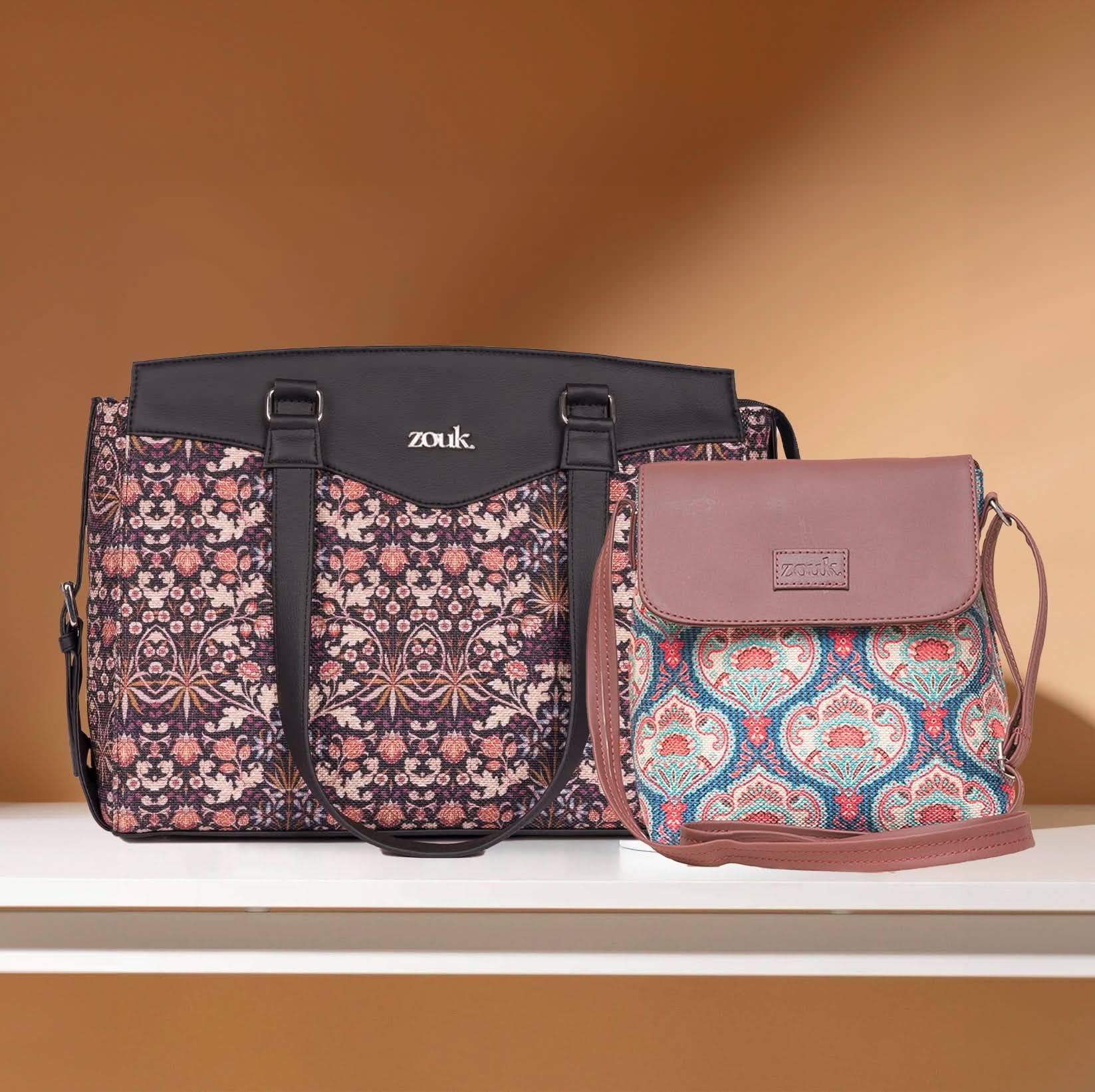 KashmirBlooms_KovilBlue-Women_sWorkBag_FlapSlingBagCombo.jpg Kashmir Blooms & Kovil Blue - Women's Work Bag & Flap Sling Bag Combo - Image 1