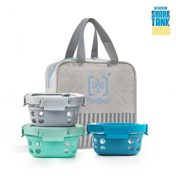 Glass Up Borosilicate Glass Lunch Box Set of 3 (500ml x 3) with Silicone Sleeve with Canvas Lunch Bag | Microwave Safe & Leak proof Tiffin Box By TintBox