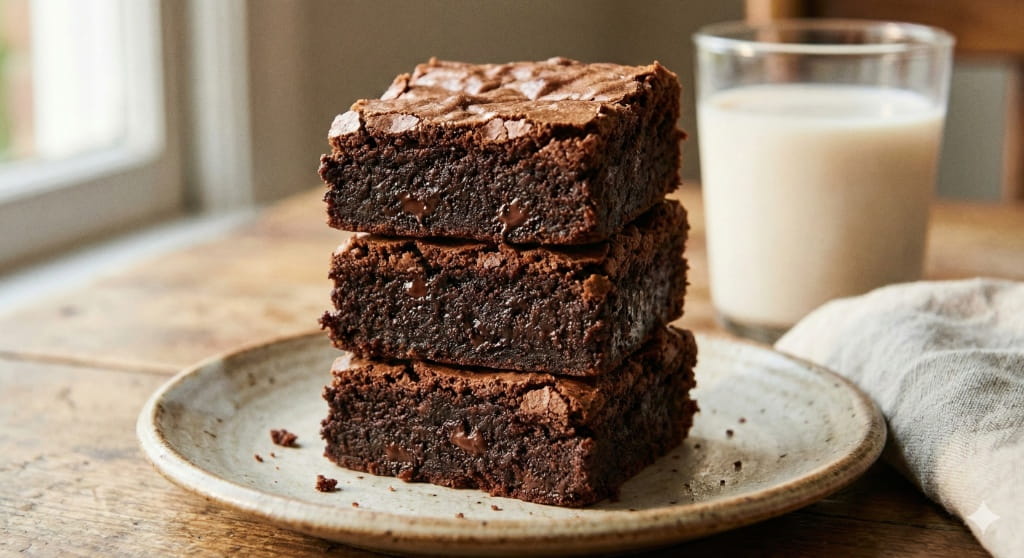Side view of a stack of three thick, fudgy chocolate brownies on a ceramic plate, served with plant-based milk, showcasing a vegan brownie recipe.