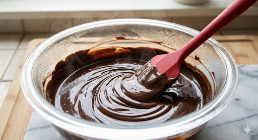 A glass bowl filled with smooth, melted dark chocolate being stirred with a red spatula, showing steam for a vegan brownie recipe