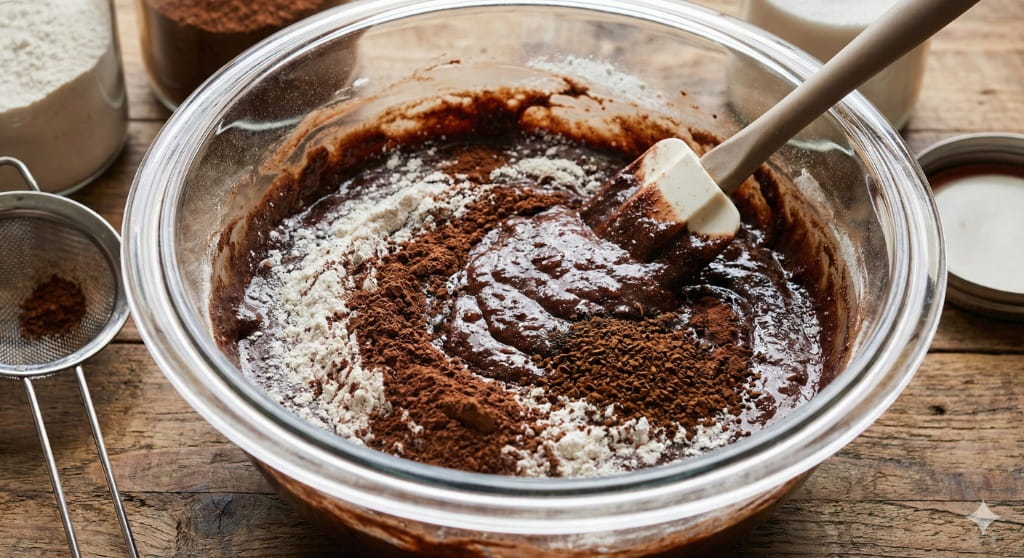 A glass bowl showing flour and cocoa powder being gently folded into dark chocolate batter with a spatula for a vegan brownie recipe.