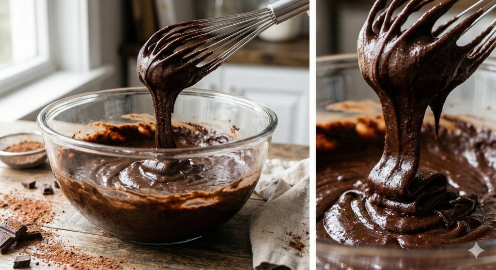 A glass bowl with steaming, melted dark chocolate being stirred by a red spatula for a vegan brownie recipe.