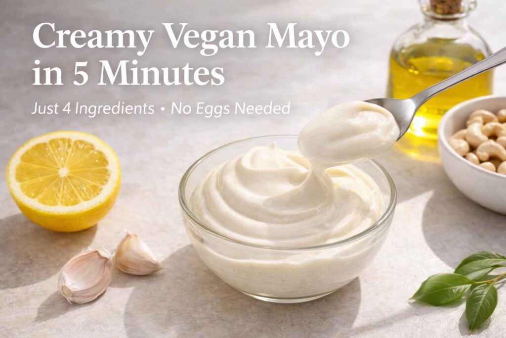 Creamy vegan mayonnaise recipe made in 5 minutes with 4 ingredients egg free mayo